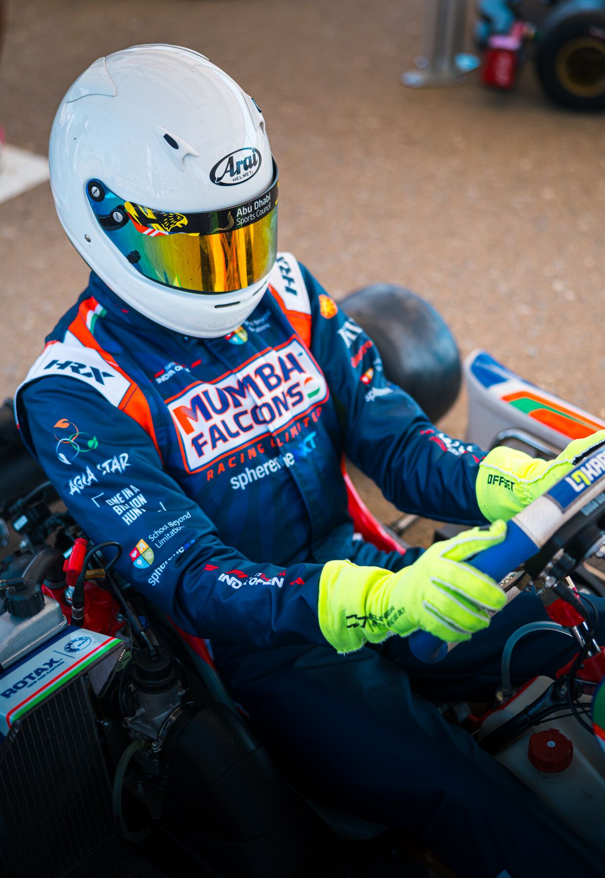 Damian Knorr in his Mumbai Falcons Racing suit and helmet, Al Ain Raceway